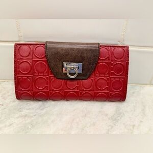 SALVATORE FERRAGAMO Gancini Monogram Embossed Logo Leather‎ 2-Tone Long Wallet